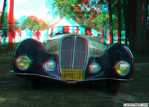 Malcolm Pray and his 1937 Delahaye roadster with a body Figoni et Falaschi, at the 2012 Concours of America at St. John's
